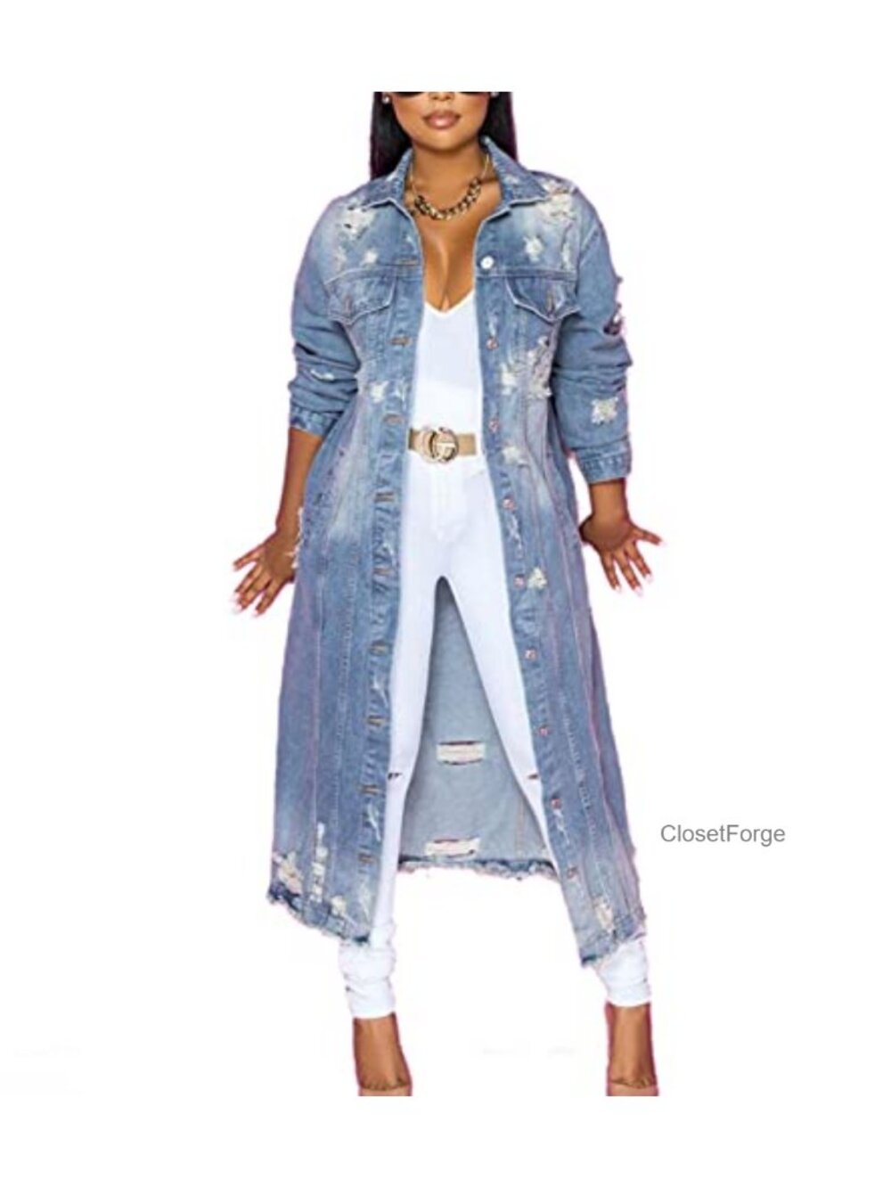 Ripped Out Distressed Washed Long Denim Jacket Trench Coat